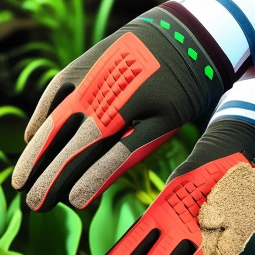

This image shows a person wearing a pair of gardening gloves that have built-in sensors and LED lights. The gloves are designed to make gardening easier and more efficient by providing the user with real-time feedback on soil moisture, temperature, and