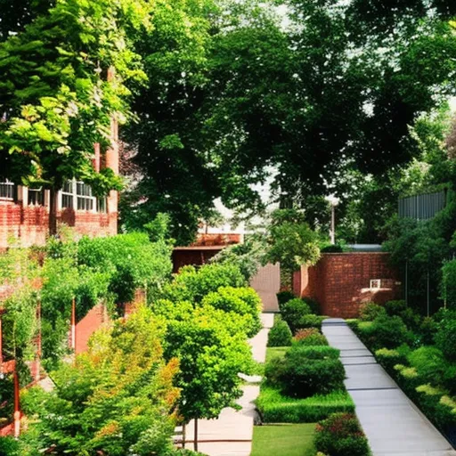 

This image shows a lush urban garden filled with a variety of trees, shrubs, and flowers. The garden is surrounded by a brick wall, providing a sense of privacy and seclusion from the hustle and bustle of the city.