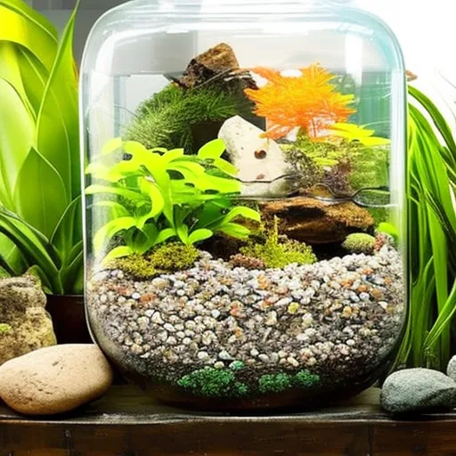 

This image shows a terrarium filled with a variety of plants, rocks, and other decorations. The terrarium is self-sustaining, with the plants providing oxygen and the rocks and decorations providing shelter and hiding places for small animals.