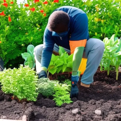 

This image shows a gardener wearing protective gloves and kneeling in a garden bed, carefully tending to a variety of plants. The gardener is pruning a bush and removing weeds, demonstrating the importance of regular maintenance to keep flower beds and plan