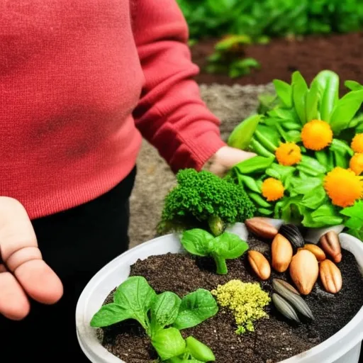 

This image shows a person standing in a garden filled with a variety of plants, flowers, and vegetables. The person is holding a handful of different seeds and bulbs, indicating the importance of choosing the right type of seeds and bulbs for the garden