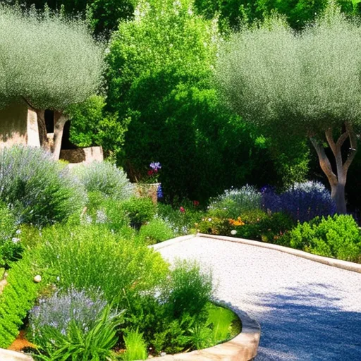 

This image shows a lush garden with a variety of Mediterranean plants, including olive trees, lavender, and rosemary. The garden is surrounded by a stone wall, and a winding path leads to a wooden bench, providing a peaceful spot to