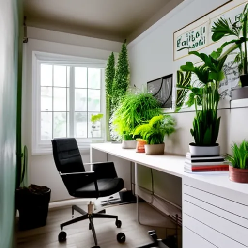 

This image shows a modern home office with a variety of houseplants placed around the room. The plants provide a splash of color and life to the space, creating a more inviting and productive atmosphere.