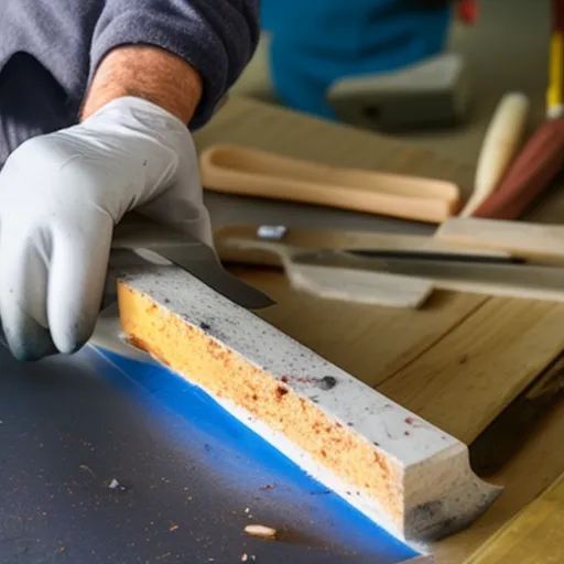 

This image shows a person sharpening a chisel with a whetstone. The person is wearing protective gloves and safety glasses, and is carefully honing the blade to a sharp edge. The image illustrates the importance of properly maintaining and sharp