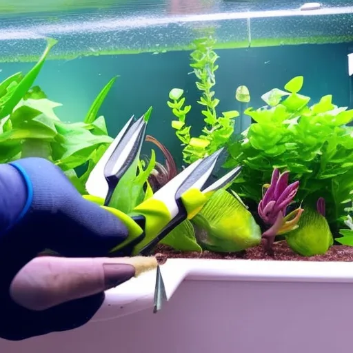 

This image shows a person wearing protective gloves and using pruning shears to trim aquatic plants in a fish tank. The article discusses how to maintain and prune aquatic plants, emphasizing the importance of protective gloves and proper pruning techniques.