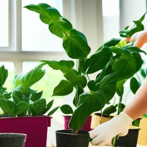 

This image shows a person tending to a variety of green houseplants in a bright and airy room. The person is wearing gardening gloves and is carefully pruning the leaves of the plants to help them grow. The image illustrates the importance