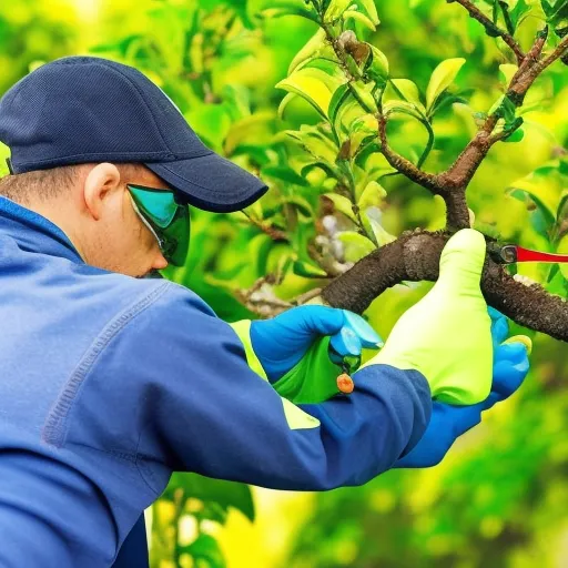 

This image shows a gardener pruning a fruit tree in a garden. The gardener is wearing protective gloves and is using a pair of pruning shears to trim off branches and leaves. The image illustrates the importance of proper pruning