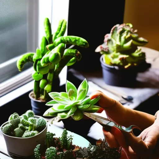 

This image shows a person carefully tending to a collection of succulents and cacti in a sunny window. The person is wearing gardening gloves and is carefully pruning the plants with a pair of scissors. The image conveys the importance