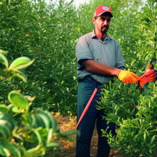 

This image shows a gardener standing in a lush orchard, with a pair of pruning shears in hand. The gardener is carefully trimming a fruit tree, ensuring that it is in optimal condition for a bountiful harvest.