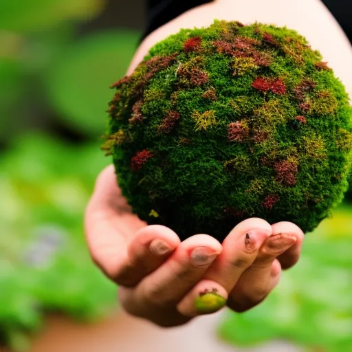 

This image shows a person's hands holding a kokedama, a type of Japanese garden art. The kokedama is a small ball of soil, moss, and plants, which is suspended from a string. This traditional art form is