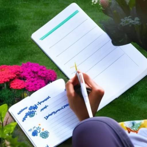 

This image shows a colorful garden with a variety of plants and flowers in bloom. In the foreground, a person is writing in a notebook, creating a planting calendar to ensure their garden will remain in full bloom throughout the year.