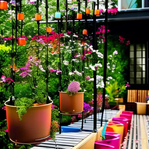 

This image shows a modern, stylish outdoor space with a hanging garden of colorful flower pots suspended from a metal trellis. The garden is surrounded by a wooden deck and includes a comfortable seating area, making it the perfect spot to relax and