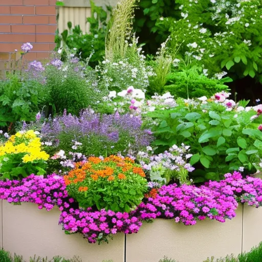 

This image shows a romantic garden planter, filled with a variety of plants and flowers. In the center is a rose bush, surrounded by a mix of other plants and flowers, including lavender, daisies, and ivy.