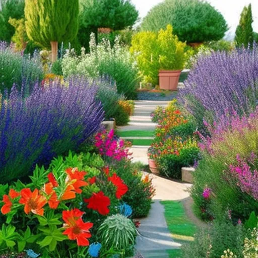 

This image shows a lush Mediterranean garden with a variety of plants in bloom. The garden is filled with colorful flowers and foliage, including lavender, rosemary, and olive trees. The vibrant colors and textures of the plants create a tranquil and