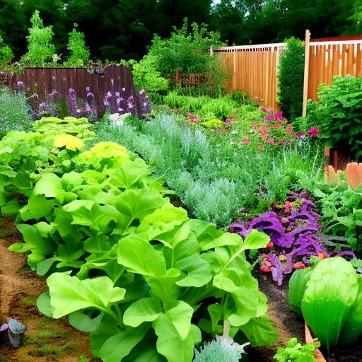 

This image shows a lush vegetable garden in a permaculture design. The garden is full of a variety of vegetables, herbs, and flowers, all growing in harmony with each other. The garden is surrounded by a wooden fence, and the