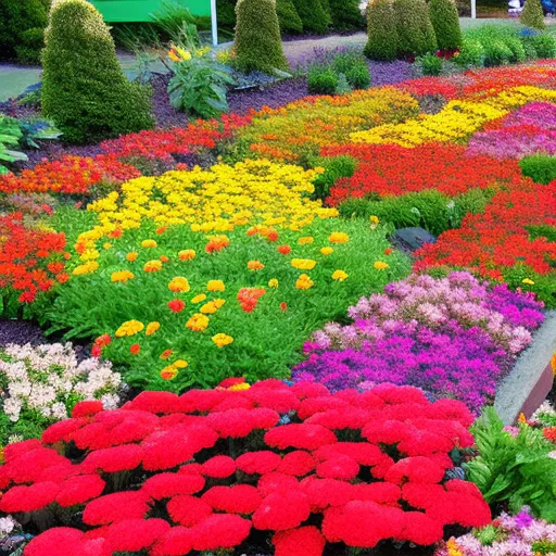 

This image shows a garden bed filled with a variety of colorful, low-growing annual flowers. The flowers are arranged in a pattern to create a beautiful and vibrant "carpet" of blooms. The vibrant colors and textures of the