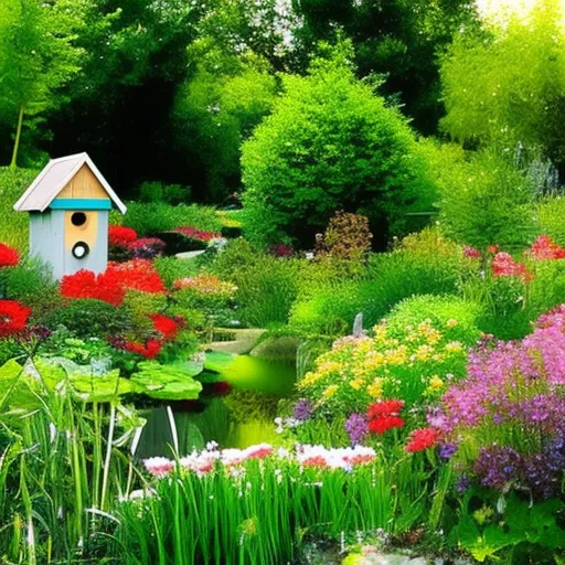 

This image shows a garden with a variety of plants and flowers, as well as a birdhouse and a small pond. The birdhouse and pond provide a safe and inviting habitat for beneficial animals such as birds, frogs, and insects, encouraging
