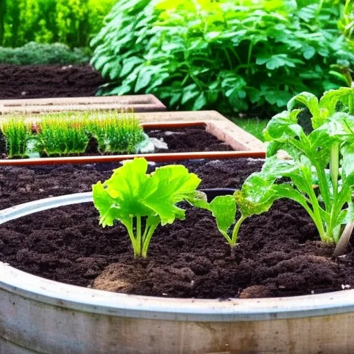 

This image shows a garden with a variety of vegetables and herbs growing in raised beds. A watering can is seen in the foreground, indicating the importance of proper water management in the garden during the summer months. The article provides techniques and advice for