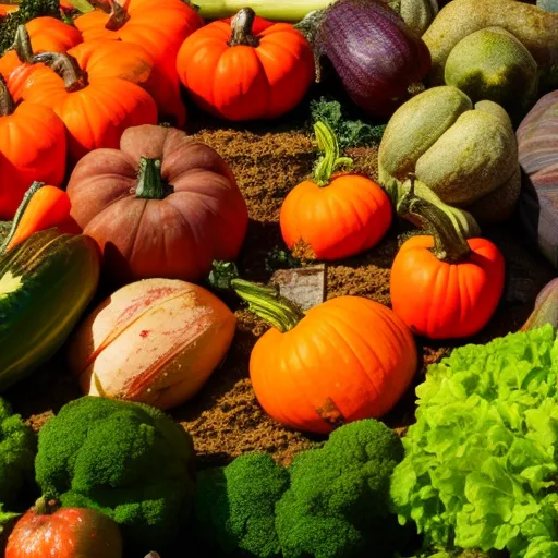 

An image of a garden overflowing with autumn vegetables, including pumpkins, squash, potatoes, and carrots. The vibrant colors of the vegetables create a beautiful display, showcasing the bounty of the season.