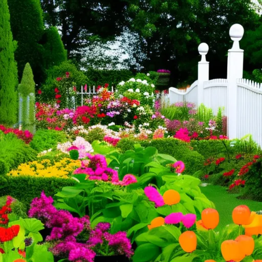 

Image of a lush, green artificial garden with a variety of plants, flowers, and trees. The garden is surrounded by a white picket fence and is filled with colorful blooms. The image conveys the idea that artificial plants can create