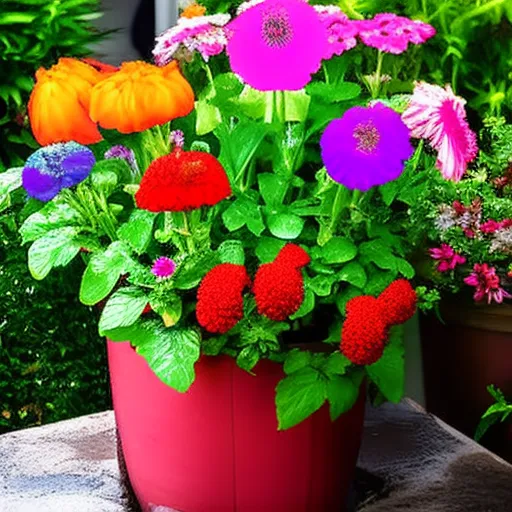 

This image shows a variety of colorful flowers in a flower pot, with a few green plants in the background. The vibrant colors of the flowers create a beautiful and inviting display, perfect for adding a touch of life and color to any home.