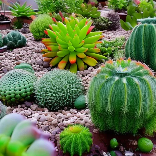 

Une image montrant une variété de plantes succulentes et de cactus dans un jardin coloré et bien entretenu. Les plantes succulentes et les cactus sont des