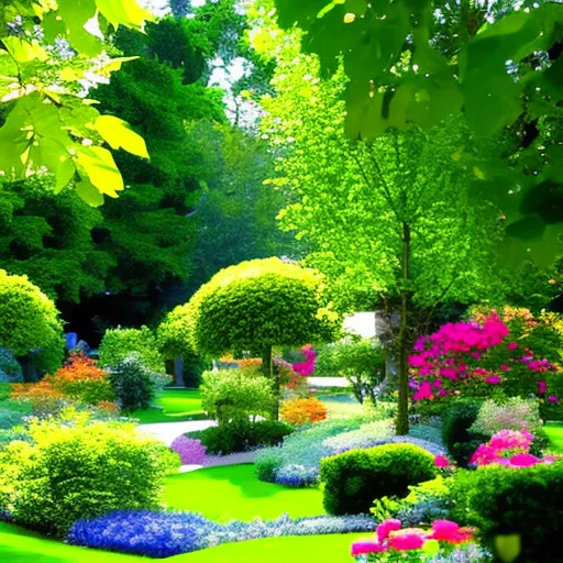 

This image shows a lush garden with several trees providing shade and a cool atmosphere. The trees are of various types and sizes, creating a beautiful and inviting space. The garden is filled with vibrant green foliage and blooming flowers, creating a peaceful