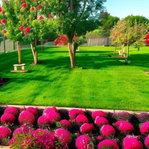 

This image shows a variety of fruit trees in a garden, including apple, pear, cherry, and plum trees. The trees are surrounded by lush green grass and colorful flowers, making it a perfect setting for a beginner gardener to start their