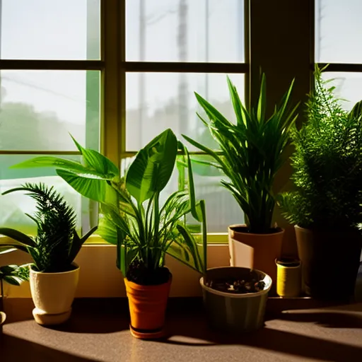 

This image shows a variety of houseplants in a modern living room, with sunlight streaming in through the window. These plants are natural air purifiers, helping to reduce indoor air pollution and improve air quality.