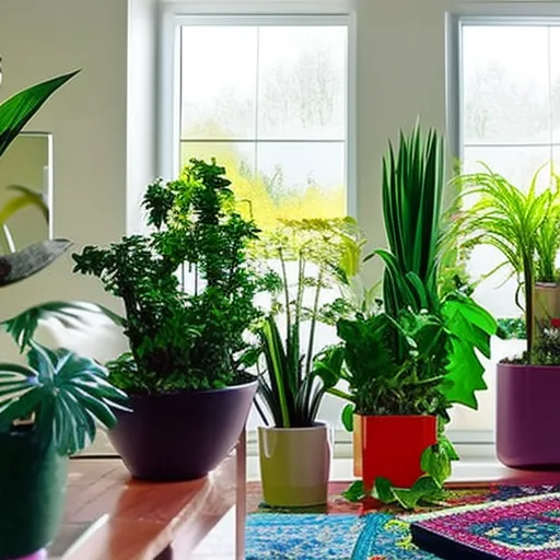 

This image shows a vibrant and colorful display of houseplants, including a variety of flowering plants, in a bright and airy living room. The plants bring a sense of life and energy to the space, and are a great way to