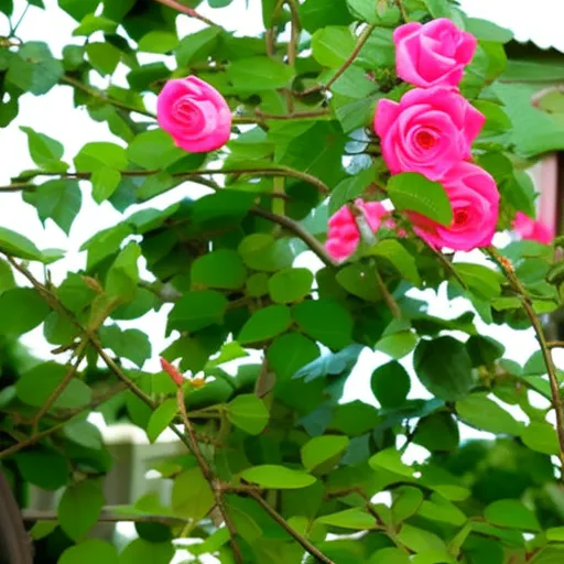

This image shows a beautiful pink rose climbing up a trellis in a garden. The rose is in full bloom, with its petals open wide and its vibrant color standing out against the green foliage of the trellis. The image