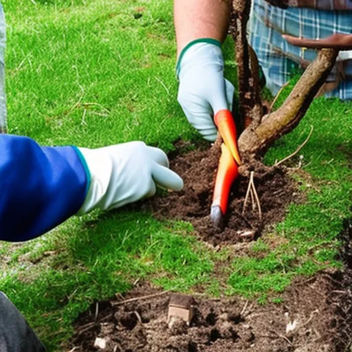 

This image shows a gardener carefully planting a sapling into the ground. The sapling is being held in place with a stake to ensure it takes root and grows into a healthy tree. The image illustrates the process of tree grafting,