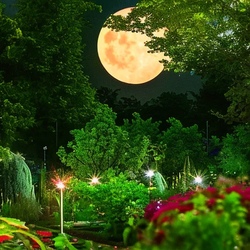 

A picture of a garden with a full moon in the background, surrounded by lush green foliage. The garden is filled with a variety of plants, from vegetables to flowers, and the moonlight casts a peaceful glow over the scene. The image