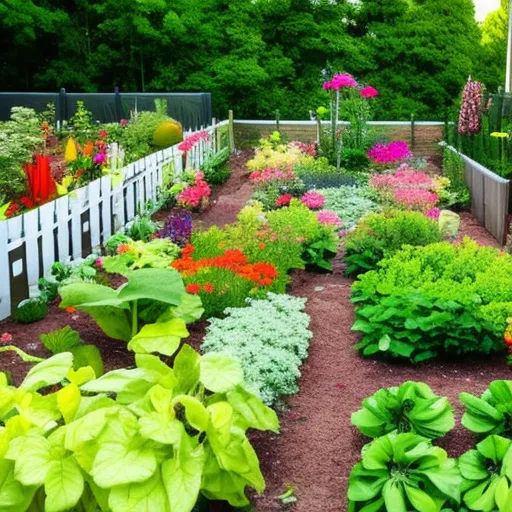 

This image shows a lush garden with a variety of vegetables, herbs, and flowers. The garden is located in a sunny spot with plenty of room for the plants to grow. The garden is surrounded by a fence to protect it from animals and