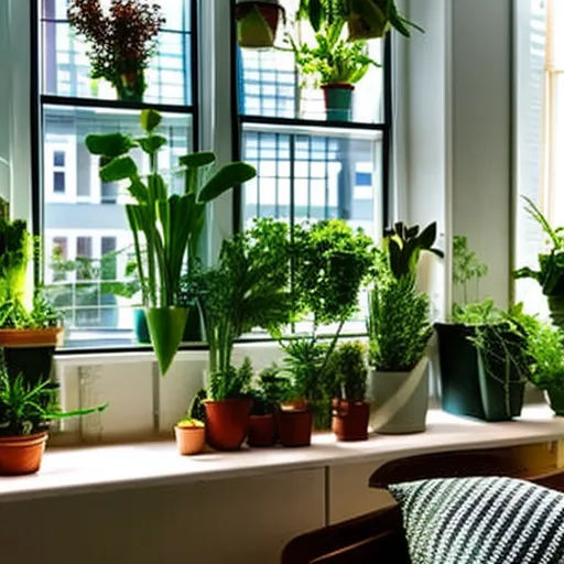 

An image of a bright, airy living room with a variety of potted plants on shelves and windowsills, with sunlight streaming in through the windows. The plants are lush and vibrant, showing the benefits of optimizing space and light for indoor