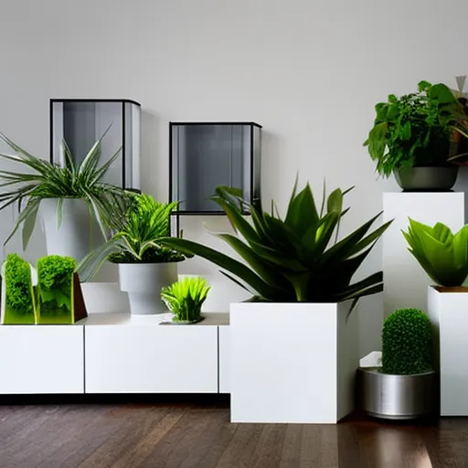 

This image shows a modern living space with a variety of geometric planters filled with lush green plants. The plants bring a sense of life and vibrancy to the room, while the geometric shapes of the planters add a contemporary touch.