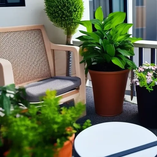 

This image shows a cozy balcony with a variety of plants in stylish pots. The balcony is decorated with a comfortable seating area and a small table, creating a perfect outdoor oasis. The plants add a touch of greenery and color, making