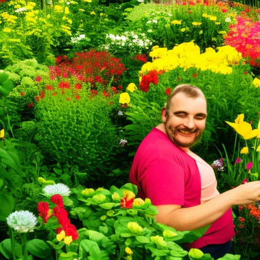 

This image shows a person in a garden, surrounded by lush greenery and colorful flowers. The person is smiling and appears to be relaxed and content. The image illustrates how gardening can be used to improve one's mental and physical wellbeing.